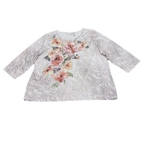 Alfred Dunner Womens T-Shirt 3/4 Sleeve Flower Print Beige Lace Mesh Lined Sz 16